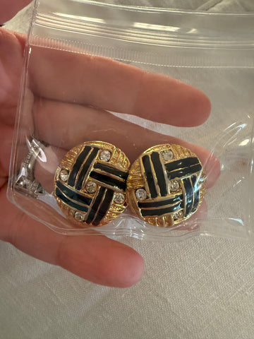 Vintage Round Gold CZ Black Enamel Clip On Earrings