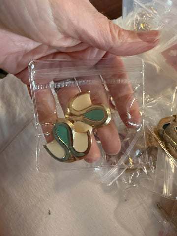 Vintage Green and Cream Enamel Post Earrings