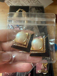 Vintage Large Black Triangular Clip On Earrings With Pearls