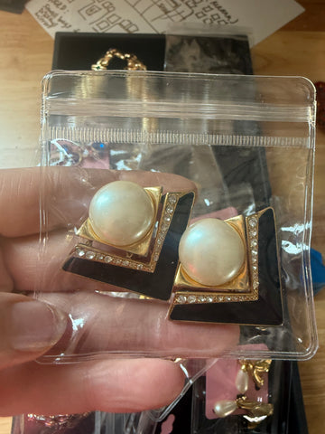 Vintage Large Black Triangular Clip On Earrings With Pearls