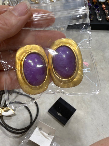 Vintage Large Gold Clip On Earrings with Purple Cabochon Center