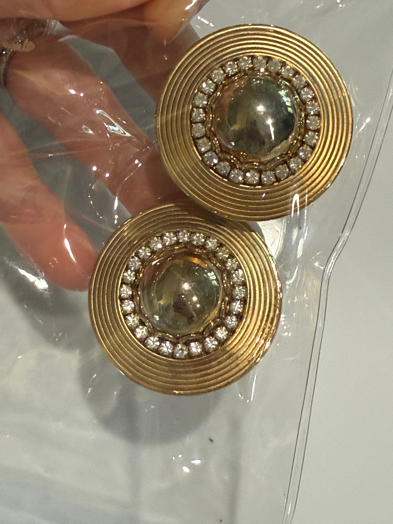 Vintage Round Gold And Rhinestone ClipOn Earrings