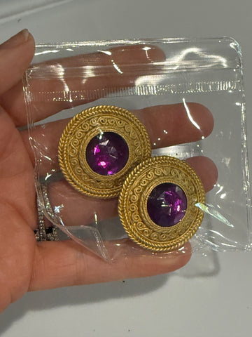 Vintage Heavy Round Gold and Purple Cabochon Clip On Earrings