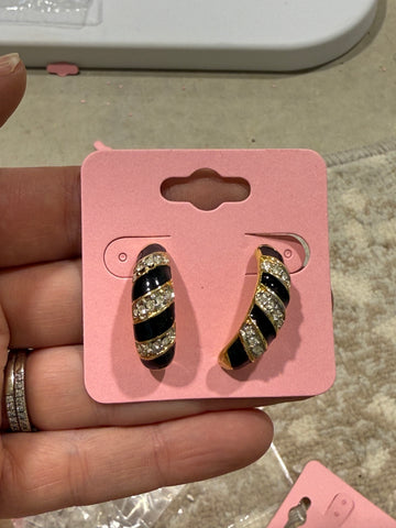 Vintage Gold Black and CZ Post Hoop Earrings