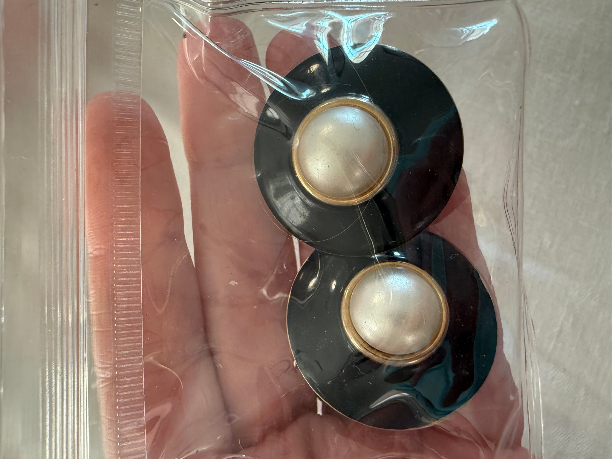 Vintage Round Black Enamel And Pearl Post Earrings