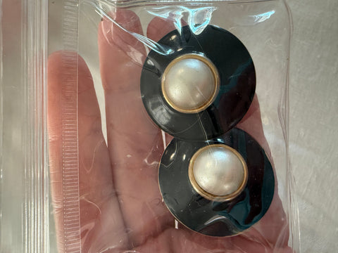 Vintage Round Black Enamel And Pearl Post Earrings