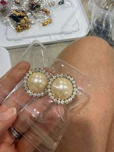 Vintage Large Pearl and Rhinestone Clip On Stud Earrings