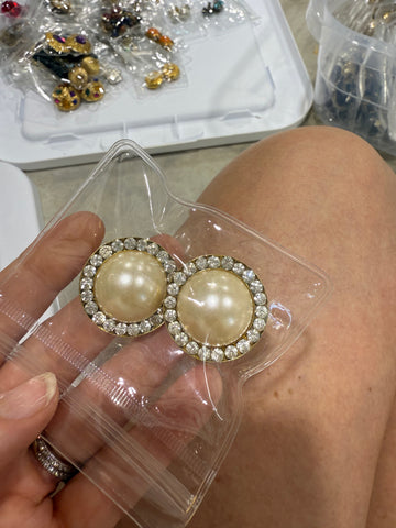 Vintage Large Pearl and Rhinestone Clip On Stud Earrings
