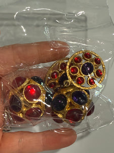 Vintage Large Heavy Gold Colorful Cabochon Ball Drop Clip On Earrings