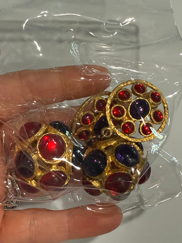 Vintage Large Heavy Gold Colorful Cabochon Ball Drop Clip On Earrings