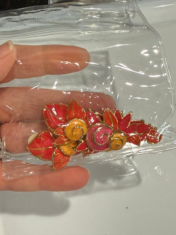 Vintage Heavy Miami Cascaded Red Orange and Pink Floral Clip On Earrings