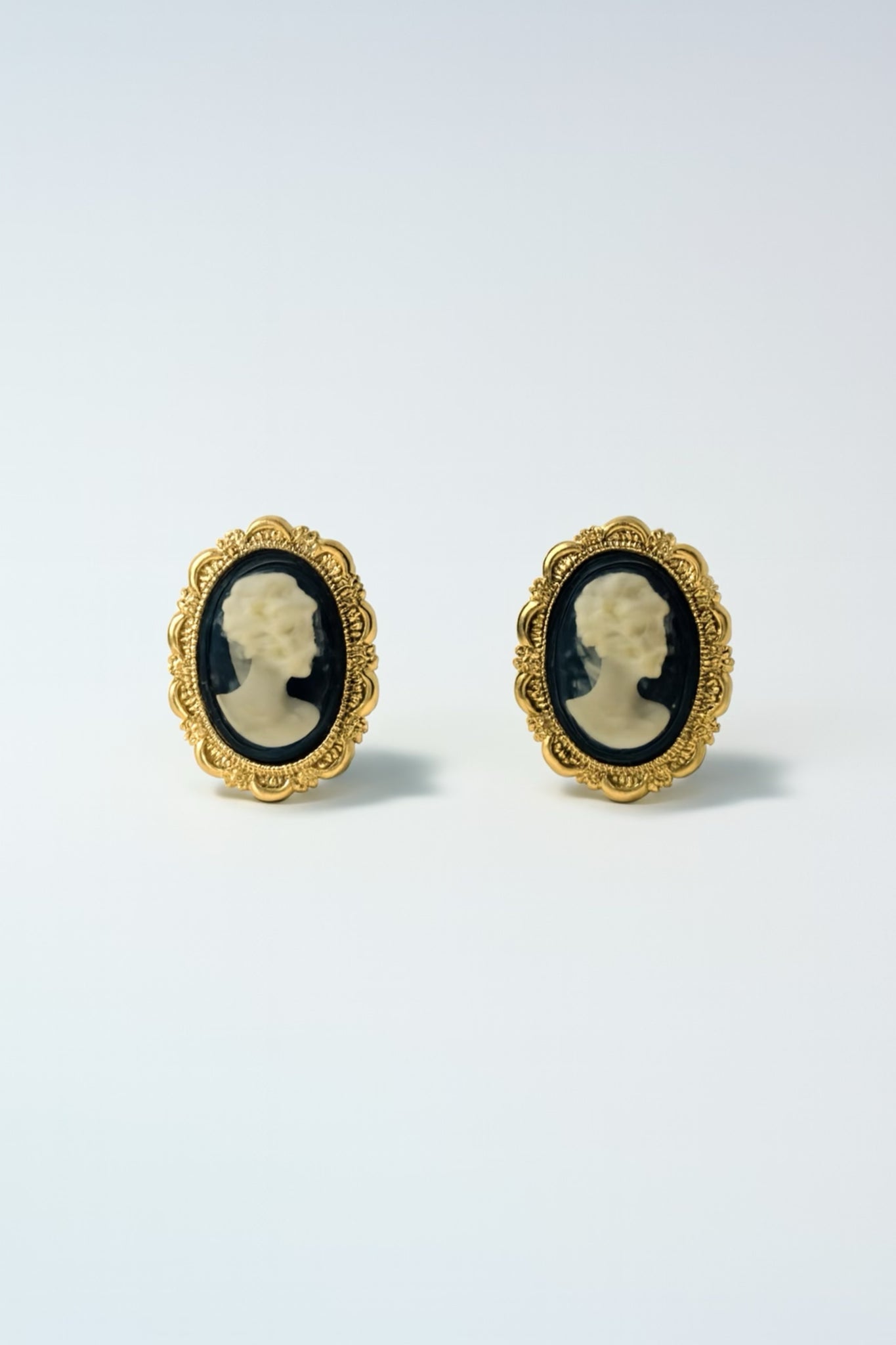 Vintage Petite Gold Stud Post Earrings with Black Stone Cameo