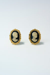 Vintage Petite Gold Stud Post Earrings with Black Stone Cameo