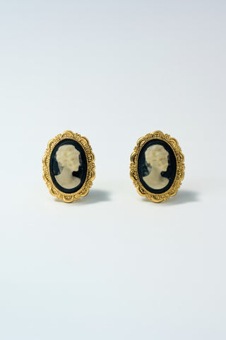 Vintage Petite Gold Stud Post Earrings with Black Stone Cameo