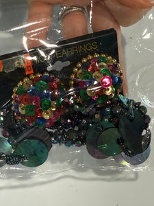 Vintage Large Colorful Sequin Dangle Clip On Earrings