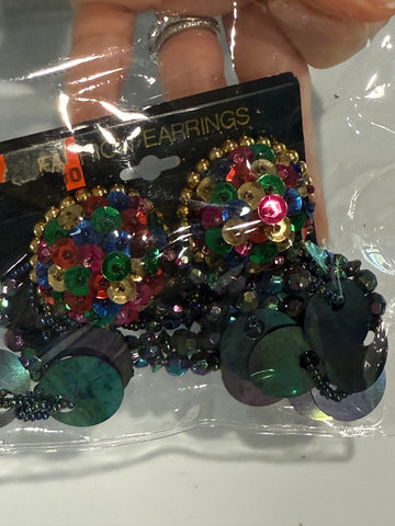 Vintage Large Colorful Sequin Dangle Clip On Earrings
