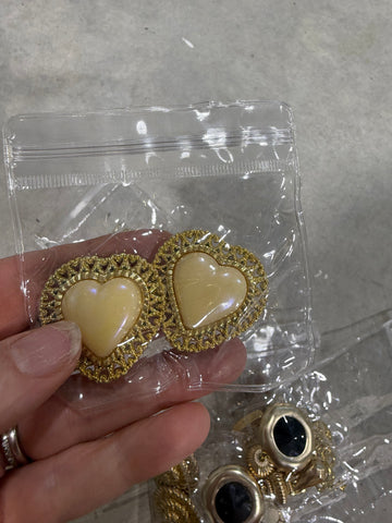 Vintage Gold Ornate Heart Clip On Earrings with Cream Stone