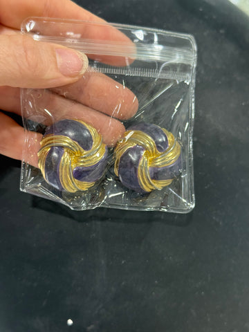 Vintage Heavy Round Gold and Purple Clip On Earrings