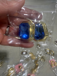 Vintage Large Gold Clip On Earrings with Blue Rhinestone
