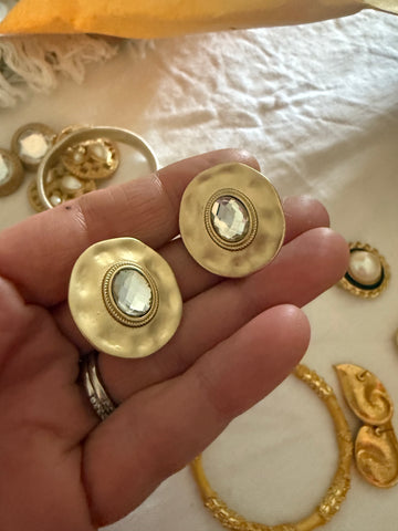Small Round Matte Gold and CZ Clip on Earrings